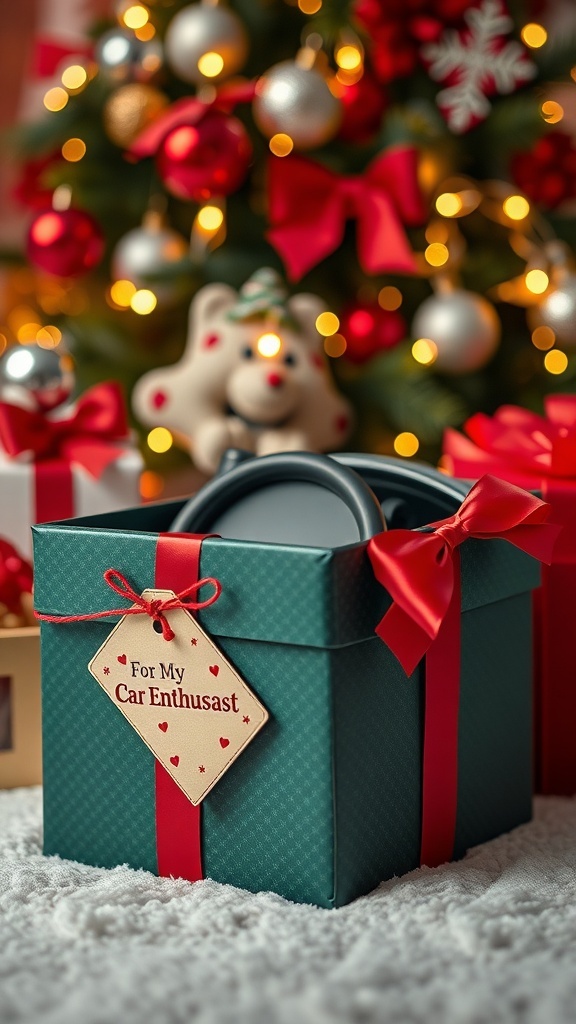 Practical Christmas Gift Ideas for Your Boyfriend A wrapped Christmas gift for a car enthusiast with festive decorations.